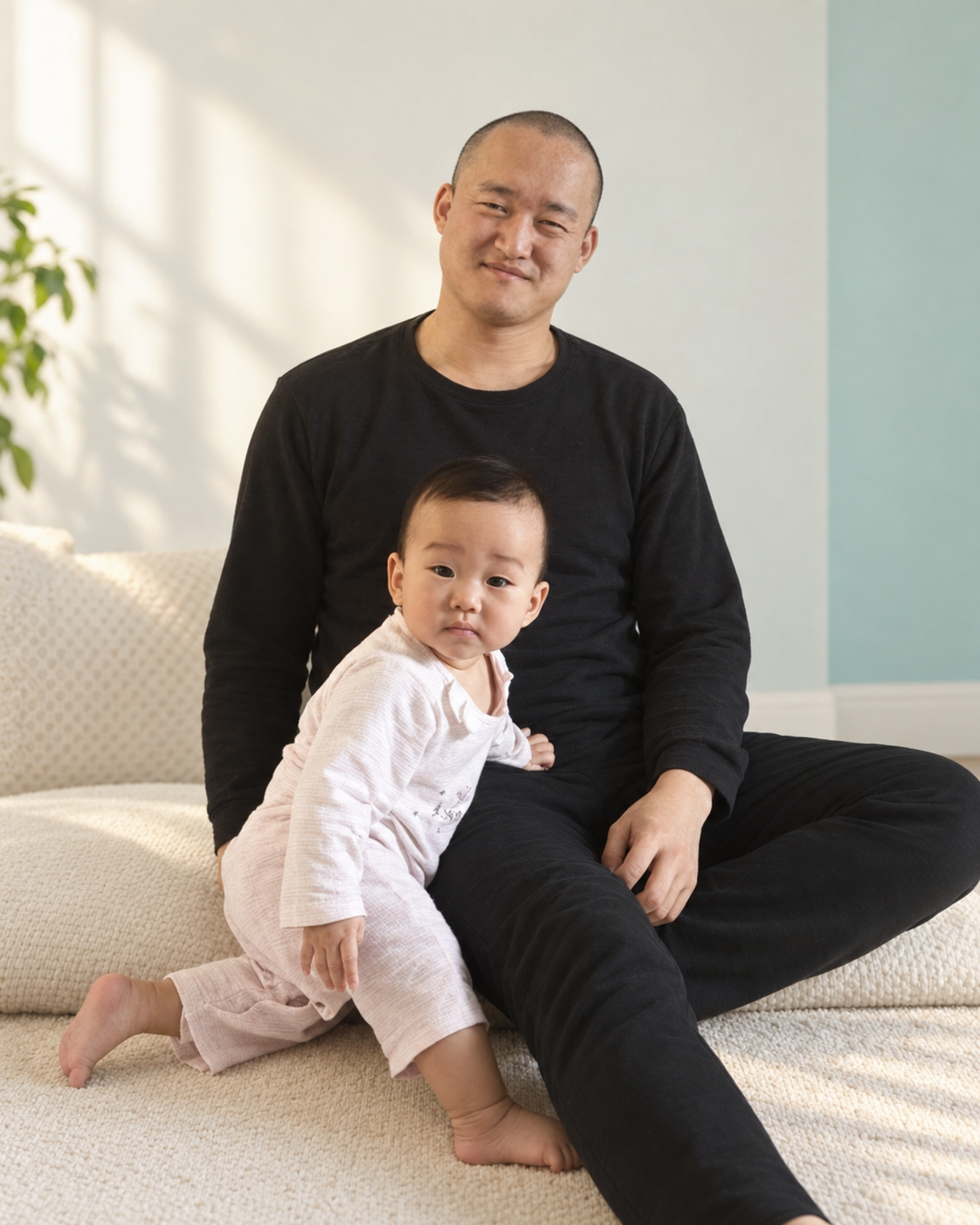 旺小哥和孩子坐在一起的生活照,背景和光线经 AI 整理